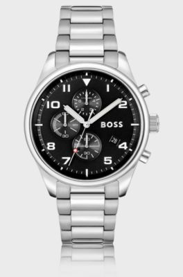 Link-bracelet chronograph watch with black dial, Silver