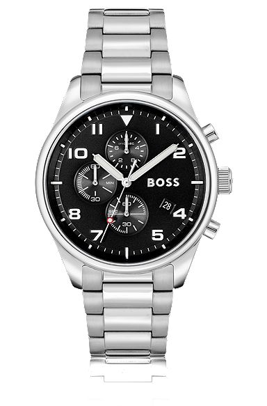 HUGO - Black-dial watch with stainless-steel link bracelet