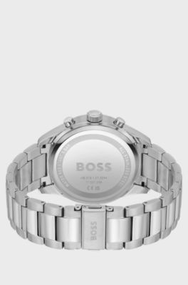 Link-bracelet chronograph watch with black dial, Silver