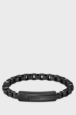 Box-chain cuff with curved logo-engraved plate: small, Black