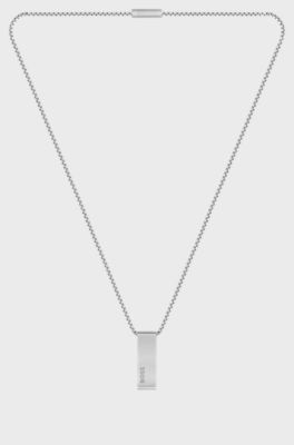 Box-chain necklace with logo-and-stripe pendant, Silver tone
