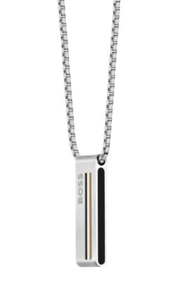 Box-chain necklace with logo-and-stripe pendant, Silver tone
