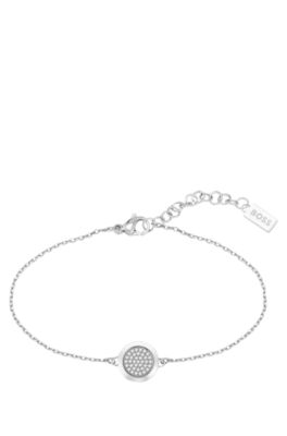 Chain bracelet with pav&eacute;-crystal medallion, Silver tone