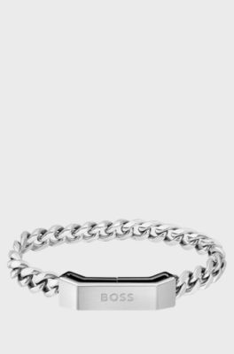 Chain cuff with branded magnetic closure: small, Silver tone