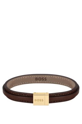 Brown-leather layered cuff with branded closure, Dark Brown