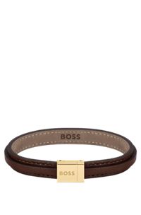 Double-layered leather cuff with logo-detail closure: medium, Dark Brown