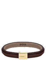 Brown-leather layered cuff with branded closure, Dark Brown