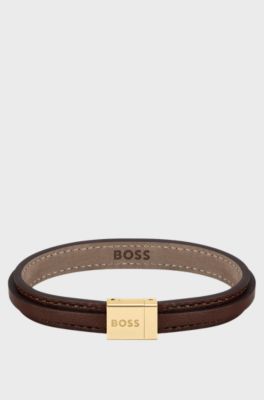 Brown-leather layered cuff with branded closure, Dark Brown