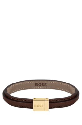 Brown-leather layered cuff with branded closure, Dark Brown