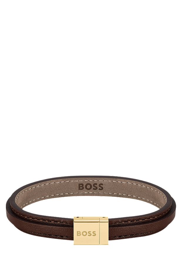 Double-layered leather cuff with logo-detail closure: small, Dark Brown
