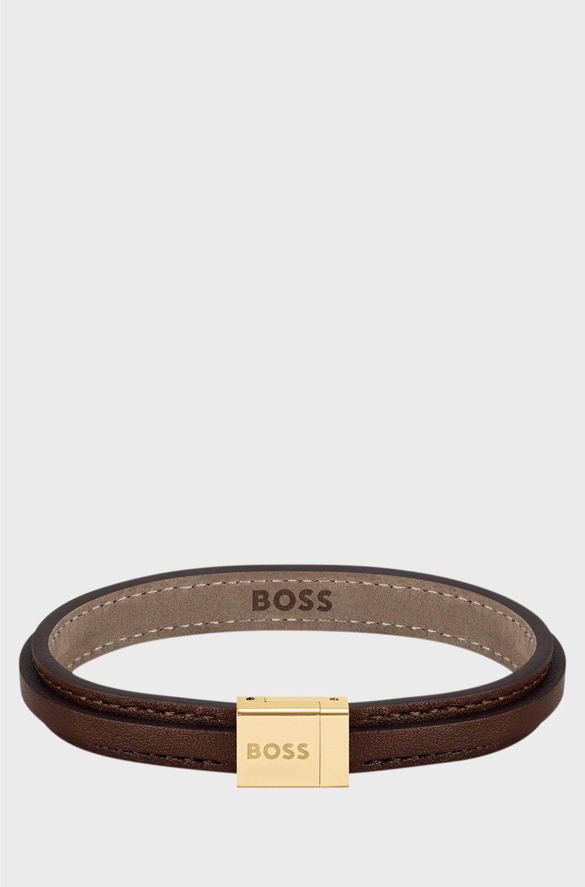 Brown-leather layered cuff with branded closure, Dark Brown