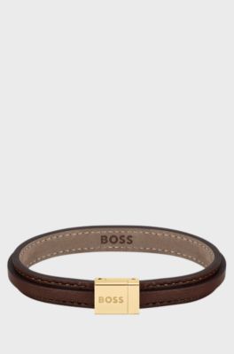 Brown-leather layered cuff with branded closure, Dark Brown