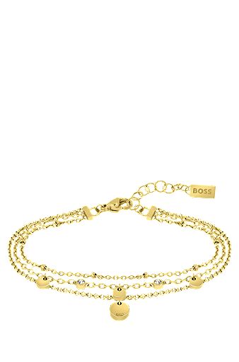 Multi-strand bracelet with medallions and crystals, Gold