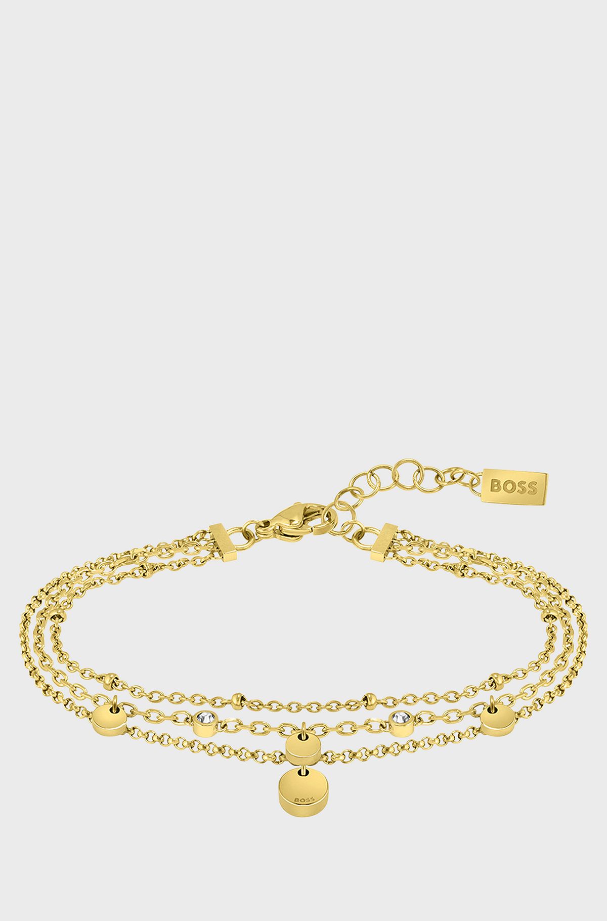 Multi-strand bracelet with medallions and crystals, Gold