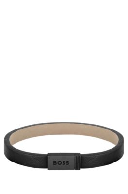 BOSS Leather cuff with logo and stripe closure medium