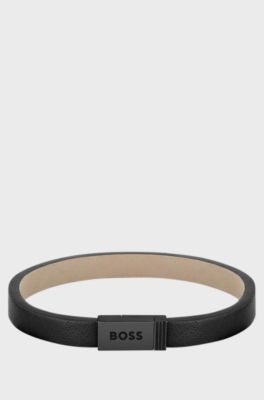 Black-leather cuff with branded closure, Black