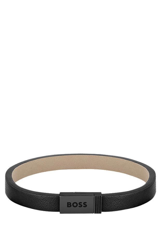 Black-leather cuff with branded closure, Black