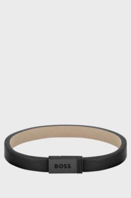 Black-leather cuff with branded closure, Black