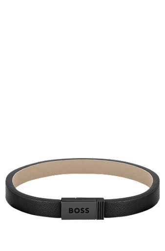Black-leather cuff with branded closure, Black