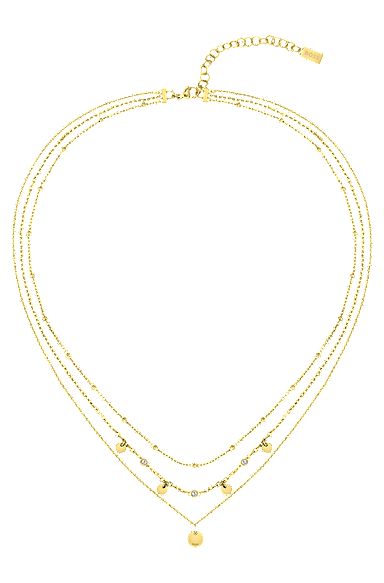 Multi-chain necklace with medallions and crystals, Gold