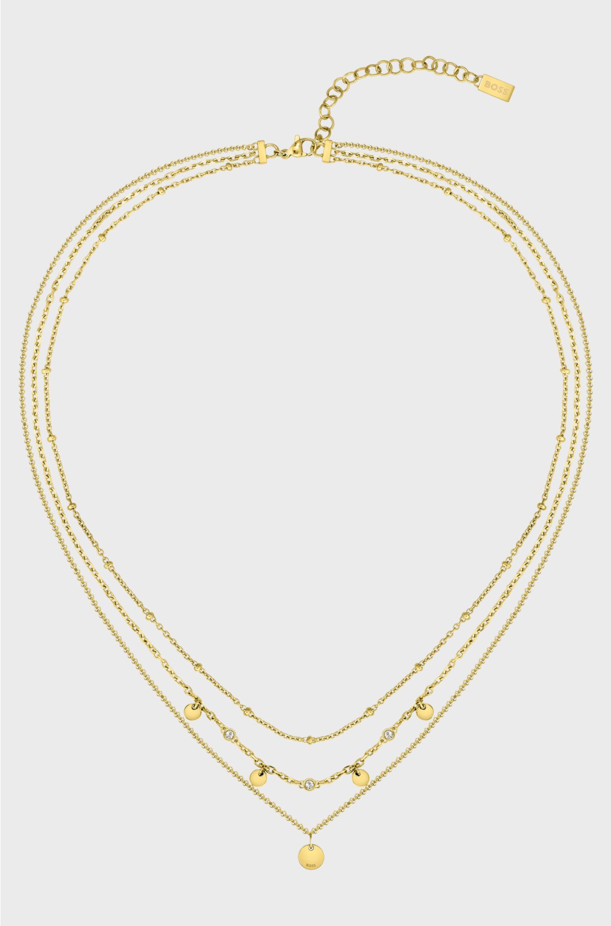 Multi-chain necklace with medallions and crystals, Gold