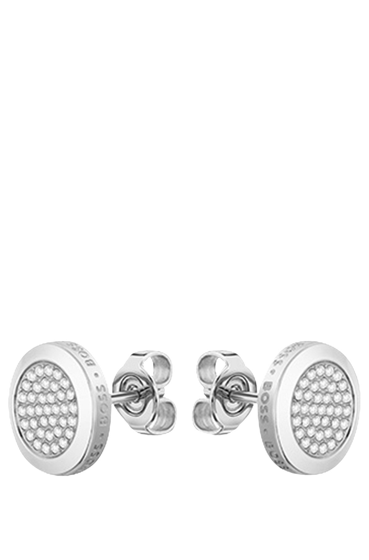 Butterfly-post earrings with pavé-crystal medallions, Silver