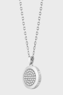 Chain necklace with pav&eacute;-crystal medallion pendant, Silver tone