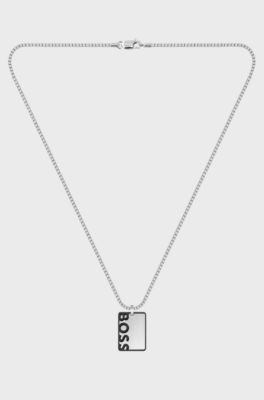 Box-chain necklace with reversible logo pendant, Silver tone
