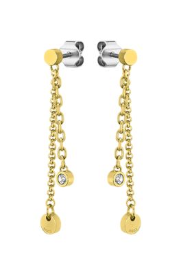 Multi-chain earrings with medallions and crystals, Gold tone