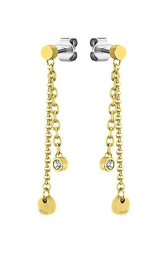 Multi-chain earrings with medallions and crystals, Gold