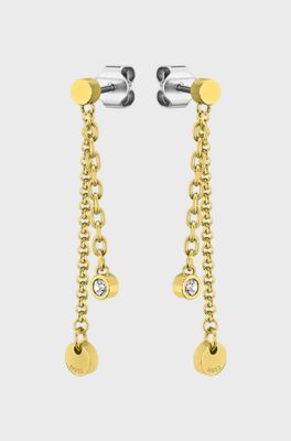 Multi-chain earrings with medallions and crystals, Gold tone
