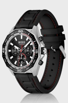 Stitched-silicone-strap chronograph watch with geometric bezel, Black