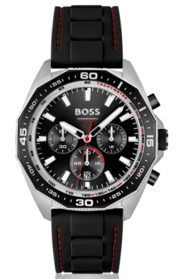 Stitched-silicone-strap chronograph watch with geometric bezel, Black