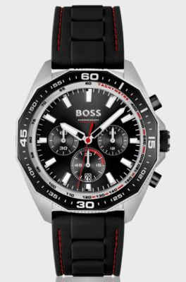 Stitched-silicone-strap chronograph watch with geometric bezel, Black