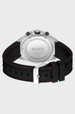 Stitched-silicone-strap chronograph watch with geometric bezel, Black