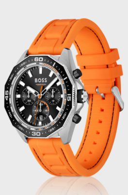 Orange-silicone-strap chronograph watch with geometric bezel, Orange