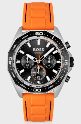 Orange-silicone-strap chronograph watch with geometric bezel, Orange