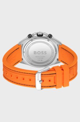 Orange-silicone-strap chronograph watch with geometric bezel, Orange