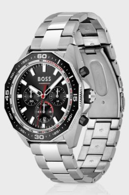 Link-bracelet chronograph watch with geometric bezel, Silver