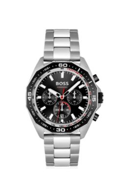 リンクブレスレット クロノグラフウォッチ ジオメトリックベゼル, シルバー