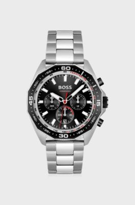 Link-bracelet chronograph watch with geometric bezel, Silver
