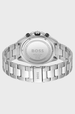 Link-bracelet chronograph watch with geometric bezel, Silver
