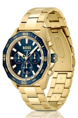 Blue-dial chronograph watch with geometric bezel, Gold