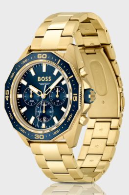Blue-dial chronograph watch with geometric bezel, Gold