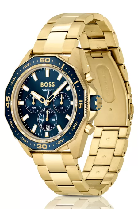 Blue-dial chronograph watch with geometric bezel