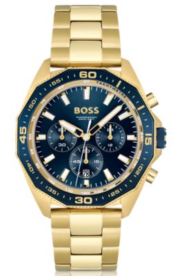 Blue-dial chronograph watch with geometric bezel, Gold