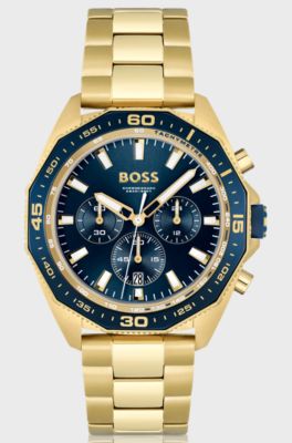 Blue-dial chronograph watch with geometric bezel, Gold