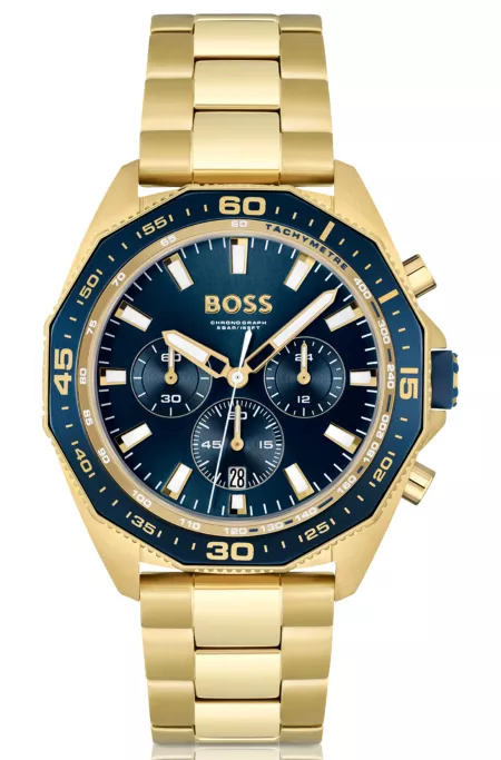 Blue-dial chronograph watch with geometric bezel