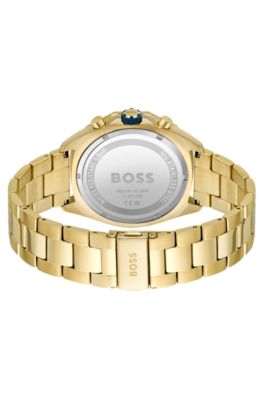 Blue-dial chronograph watch with geometric bezel, Gold