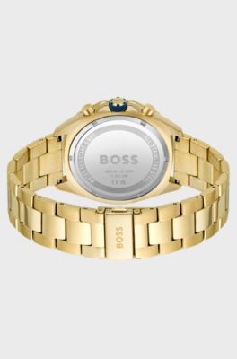 Blue-dial chronograph watch with geometric bezel, Gold